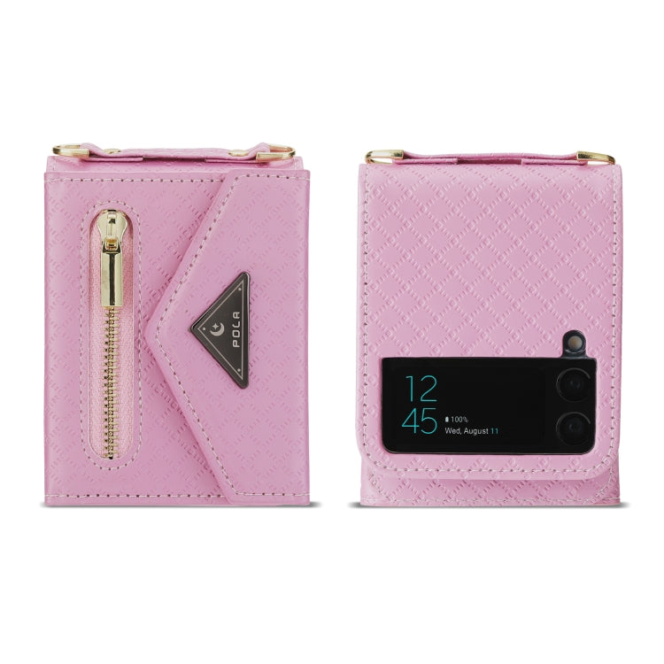 For Samsung Galaxy Z Flip3 5G POLA Grid Texture Multi-Card Slots Zipper Wallet Phone Case(Pink)