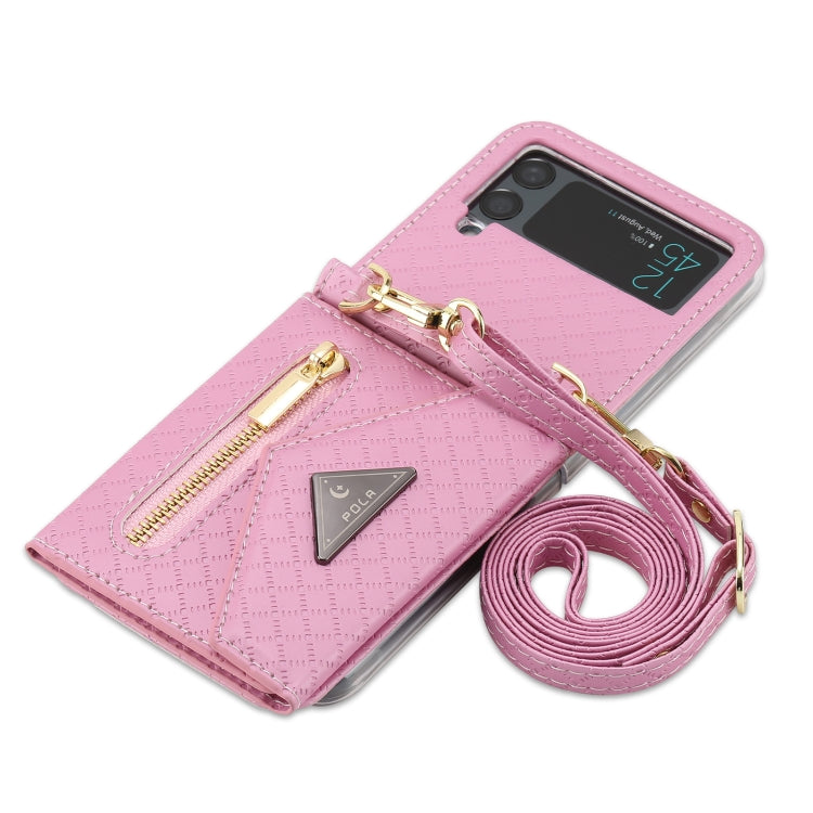 For Samsung Galaxy Z Flip3 5G POLA Grid Texture Multi-Card Slots Zipper Wallet Phone Case(Pink)