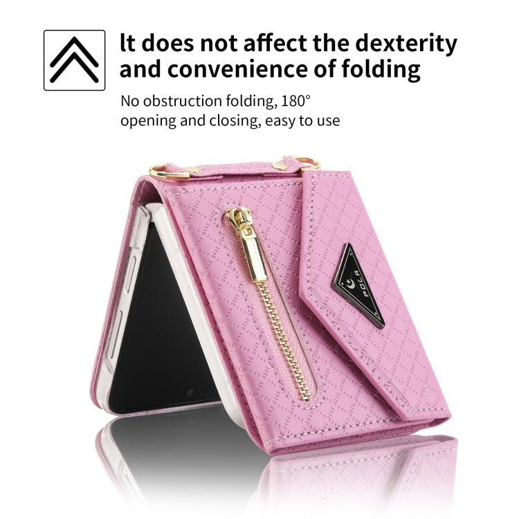 For Samsung Galaxy Z Flip3 5G POLA Grid Texture Multi-Card Slots Zipper Wallet Phone Case(Pink)