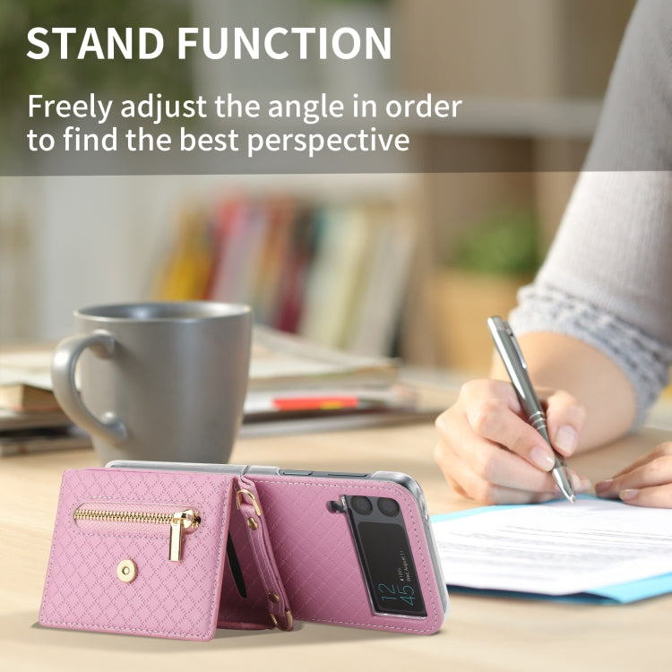 For Samsung Galaxy Z Flip3 5G POLA Grid Texture Multi-Card Slots Zipper Wallet Phone Case(Pink)