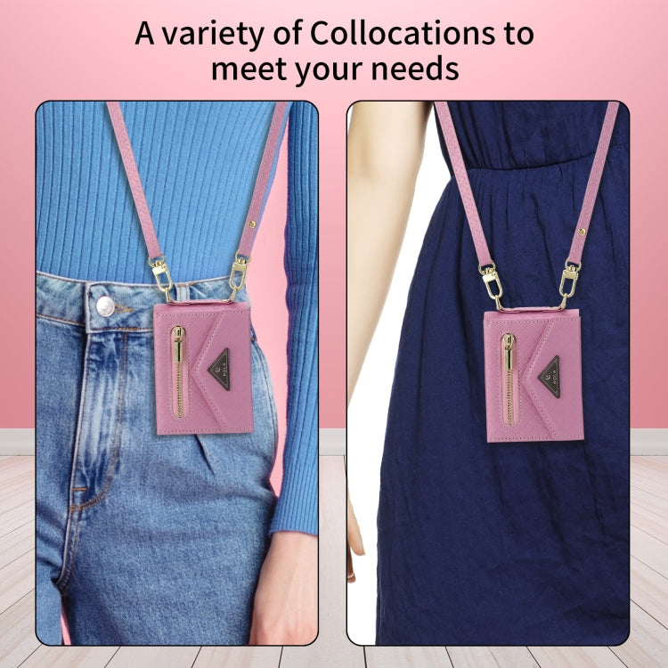 For Samsung Galaxy Z Flip3 5G POLA Grid Texture Multi-Card Slots Zipper Wallet Phone Case(Pink)