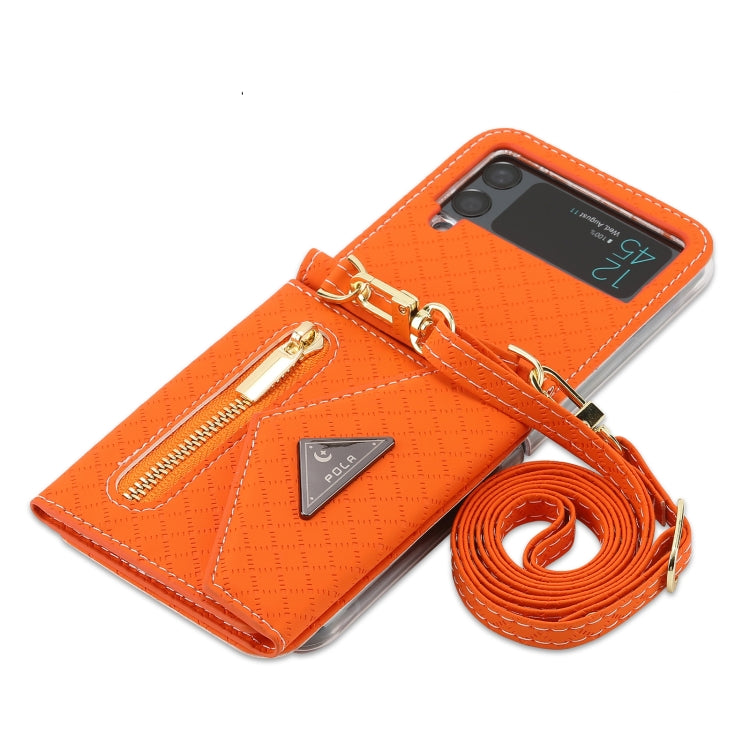 For Samsung Galaxy Z Flip3 5G POLA Grid Texture Multi-Card Slots Zipper Wallet Phone Case(Orange)