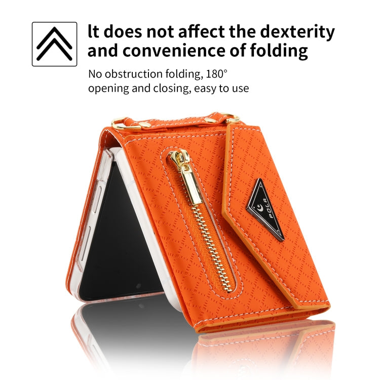 For Samsung Galaxy Z Flip3 5G POLA Grid Texture Multi-Card Slots Zipper Wallet Phone Case(Orange)