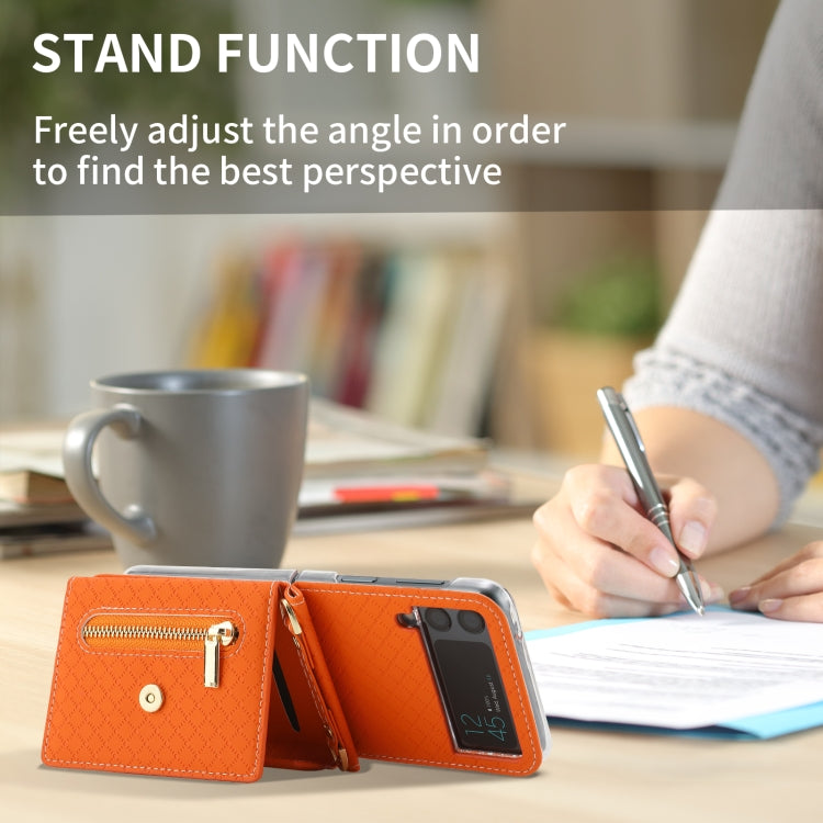 For Samsung Galaxy Z Flip3 5G POLA Grid Texture Multi-Card Slots Zipper Wallet Phone Case(Orange)