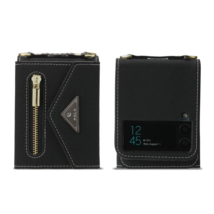 For Samsung Galaxy Z Flip3 5G POLA Grid Texture Multi-Card Slots Zipper Wallet Phone Case(Black)