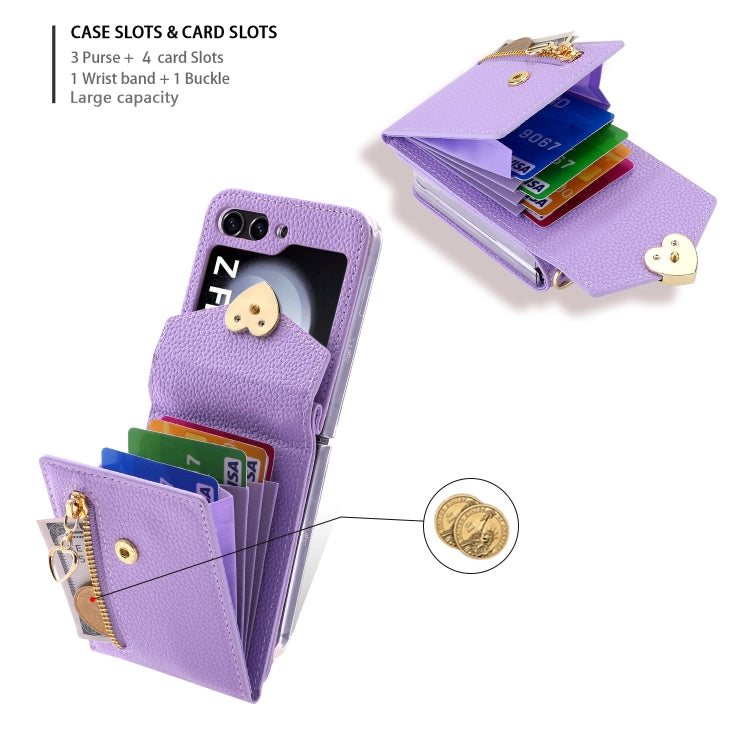 For Samsung Galaxy Z Flip5 POLA Litchi Texture Love Buckle Multi-Card Slots Zipper Wallet Phone Case(Purple)