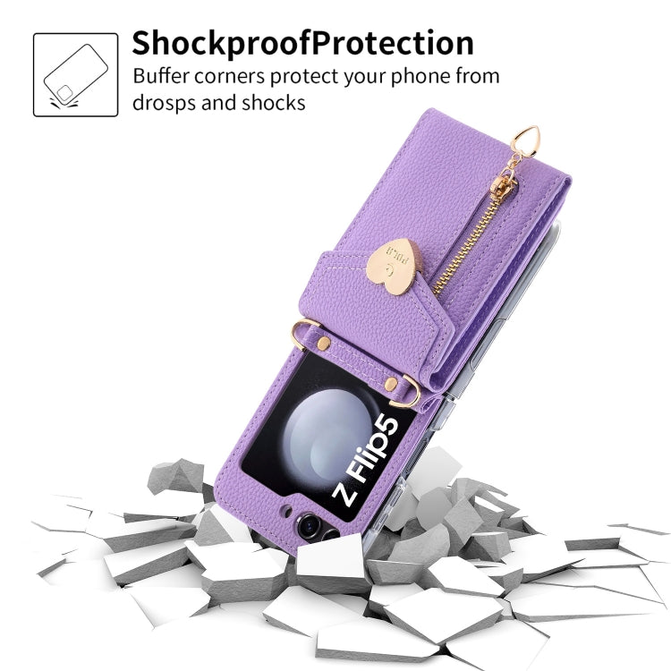 For Samsung Galaxy Z Flip5 POLA Litchi Texture Love Buckle Multi-Card Slots Zipper Wallet Phone Case(Purple)