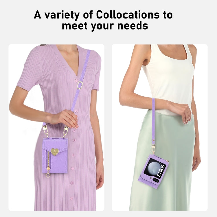 For Samsung Galaxy Z Flip5 POLA Litchi Texture Love Buckle Multi-Card Slots Zipper Wallet Phone Case(Purple)
