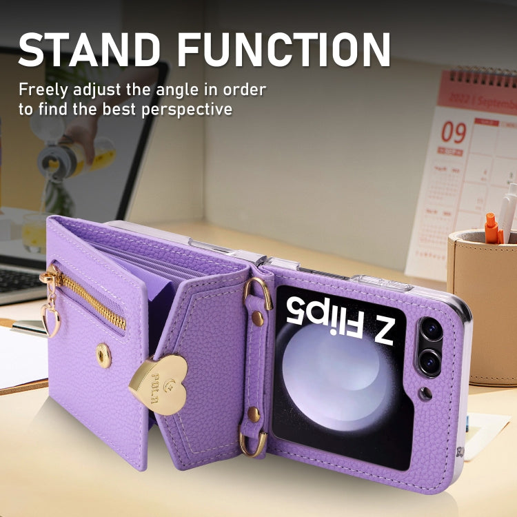 For Samsung Galaxy Z Flip5 POLA Litchi Texture Love Buckle Multi-Card Slots Zipper Wallet Phone Case(Purple)