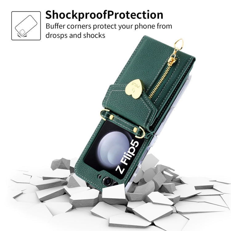 For Samsung Galaxy Z Flip5 POLA Litchi Texture Love Buckle Multi-Card Slots Zipper Wallet Phone Case(Green)