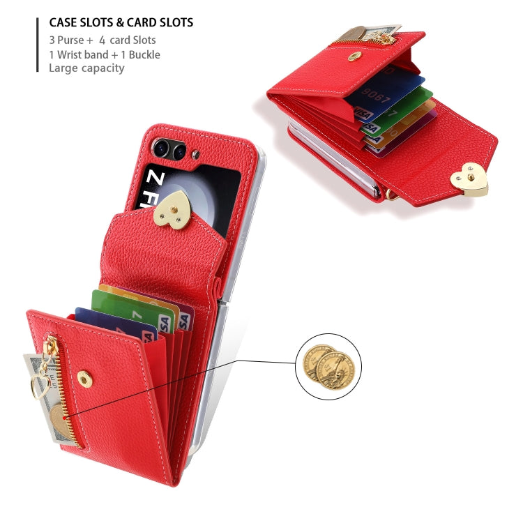 For Samsung Galaxy Z Flip5 POLA Litchi Texture Love Buckle Multi-Card Slots Zipper Wallet Phone Case(Red)