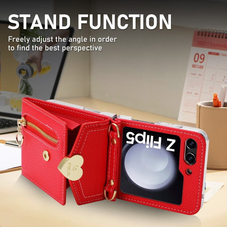 For Samsung Galaxy Z Flip5 POLA Litchi Texture Love Buckle Multi-Card Slots Zipper Wallet Phone Case(Red)
