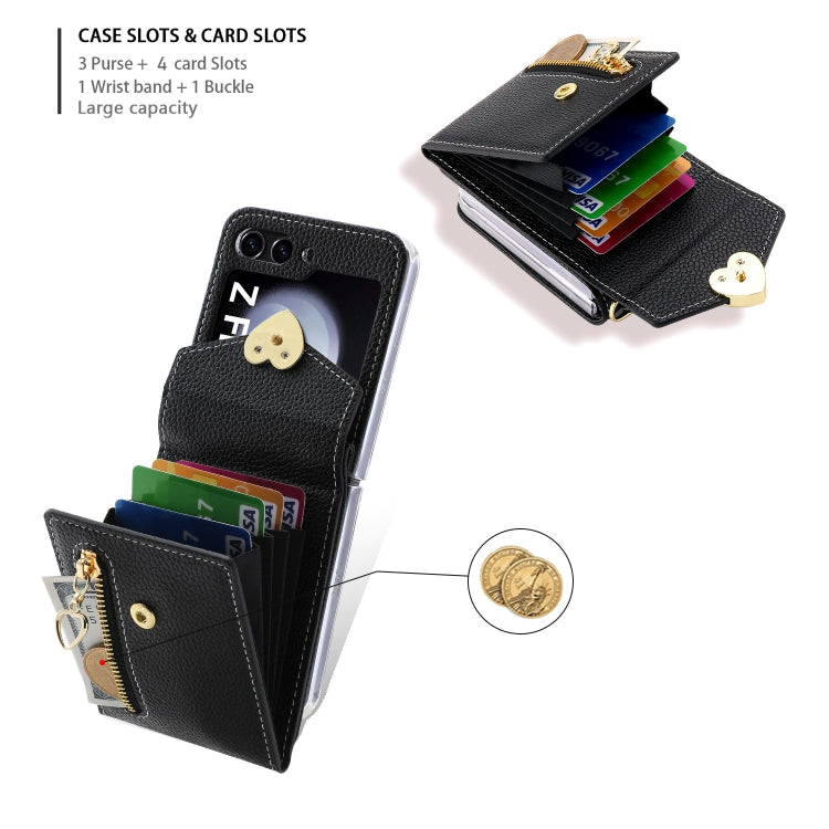 For Samsung Galaxy Z Flip5 POLA Litchi Texture Love Buckle Multi-Card Slots Zipper Wallet Phone Case(Black)