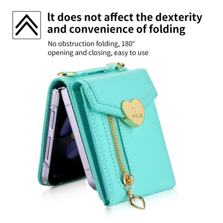 For Samsung Galaxy Z Flip4 POLA Litchi Texture Love Buckle Multi-Card Slots Zipper Wallet Phone Case(Blue)