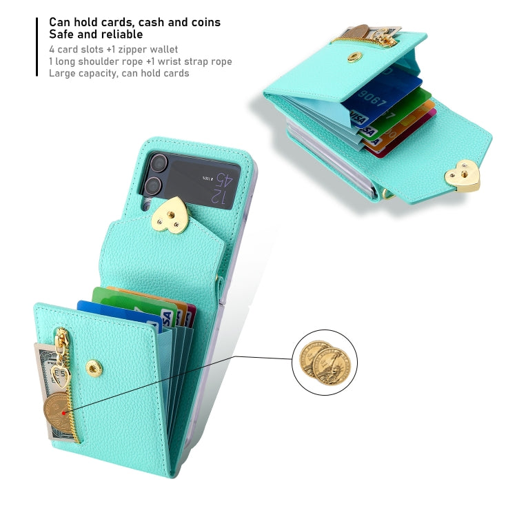 For Samsung Galaxy Z Flip4 POLA Litchi Texture Love Buckle Multi-Card Slots Zipper Wallet Phone Case(Blue)