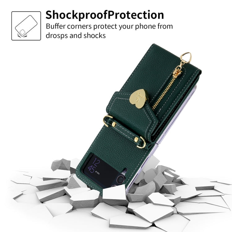 For Samsung Galaxy Z Flip4 POLA Litchi Texture Love Buckle Multi-Card Slots Zipper Wallet Phone Case(Green)