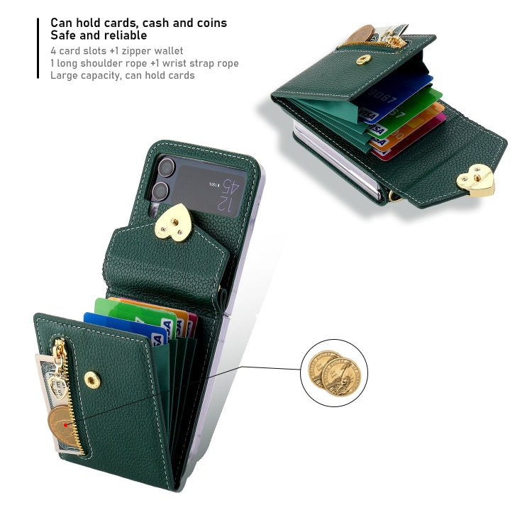 For Samsung Galaxy Z Flip4 POLA Litchi Texture Love Buckle Multi-Card Slots Zipper Wallet Phone Case(Green)
