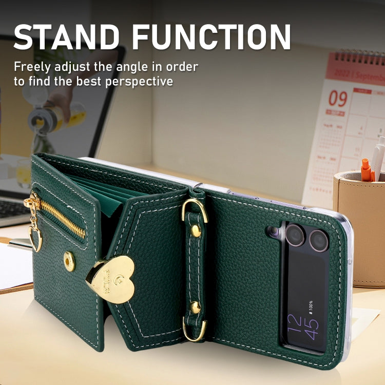 For Samsung Galaxy Z Flip4 POLA Litchi Texture Love Buckle Multi-Card Slots Zipper Wallet Phone Case(Green)