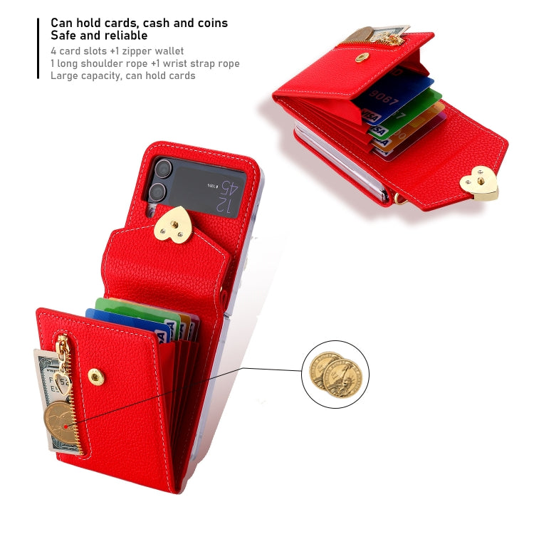 For Samsung Galaxy Z Flip4 POLA Litchi Texture Love Buckle Multi-Card Slots Zipper Wallet Phone Case(Red)