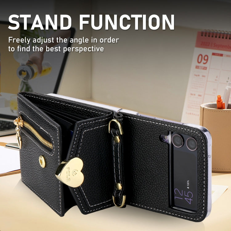 For Samsung Galaxy Z Flip4 POLA Litchi Texture Love Buckle Multi-Card Slots Zipper Wallet Phone Case(Black)