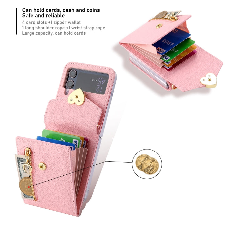 For Samsung Galaxy Z Flip4 POLA Litchi Texture Love Buckle Multi-Card Slots Zipper Wallet Phone Case(Pink)