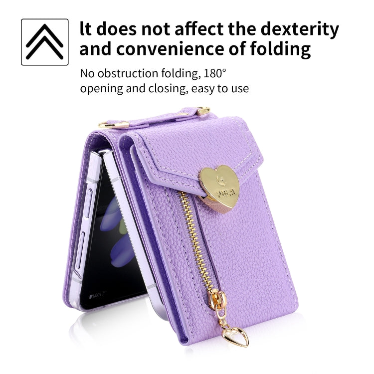 For Samsung Galaxy Z Flip3 5G POLA Litchi Texture Love Buckle Multi-Card Slots Zipper Wallet Phone Case(Purple)