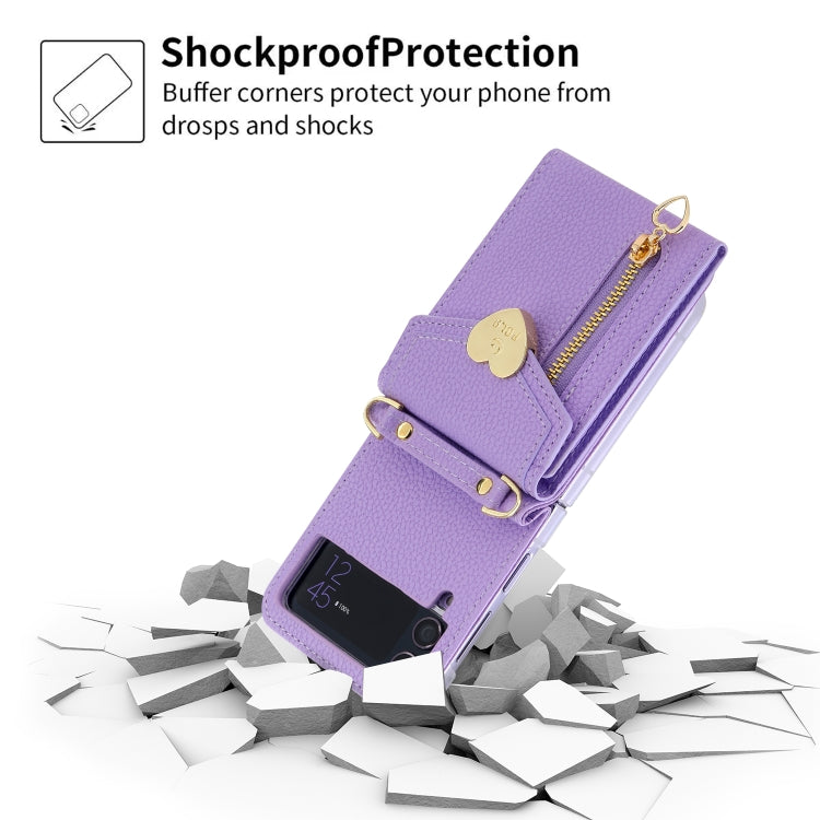 For Samsung Galaxy Z Flip3 5G POLA Litchi Texture Love Buckle Multi-Card Slots Zipper Wallet Phone Case(Purple)