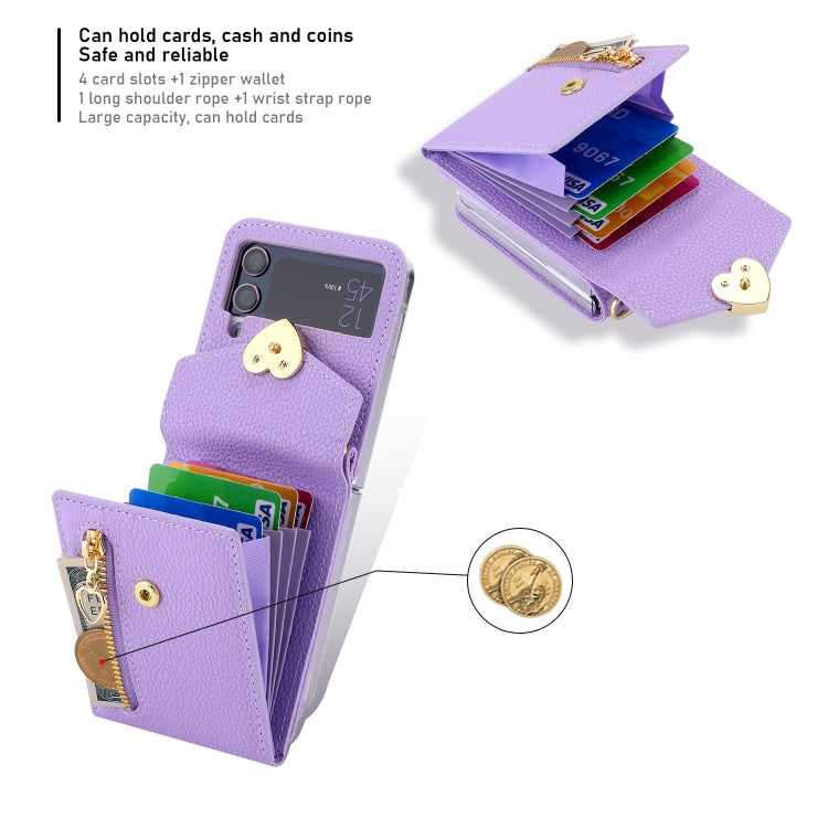 For Samsung Galaxy Z Flip3 5G POLA Litchi Texture Love Buckle Multi-Card Slots Zipper Wallet Phone Case(Purple)