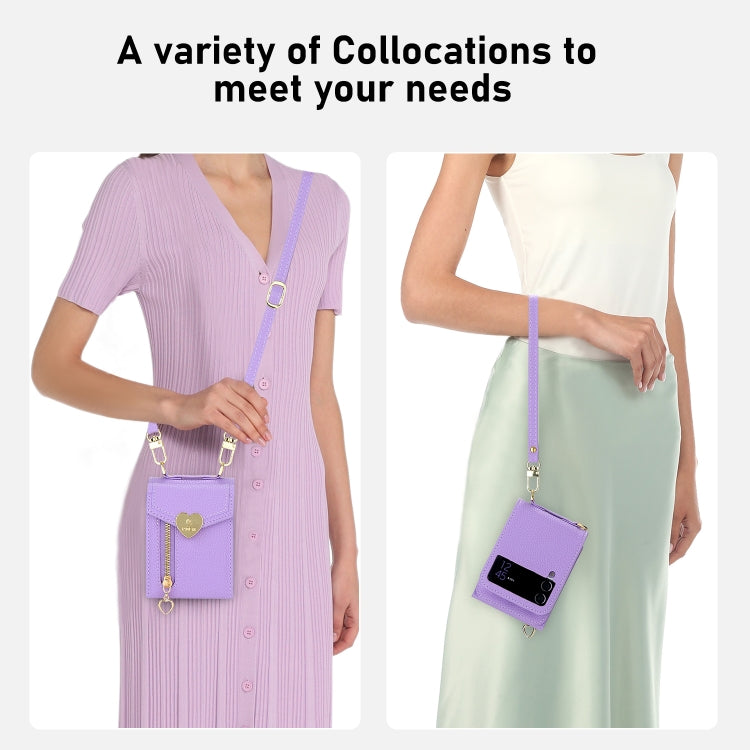 For Samsung Galaxy Z Flip3 5G POLA Litchi Texture Love Buckle Multi-Card Slots Zipper Wallet Phone Case(Purple)