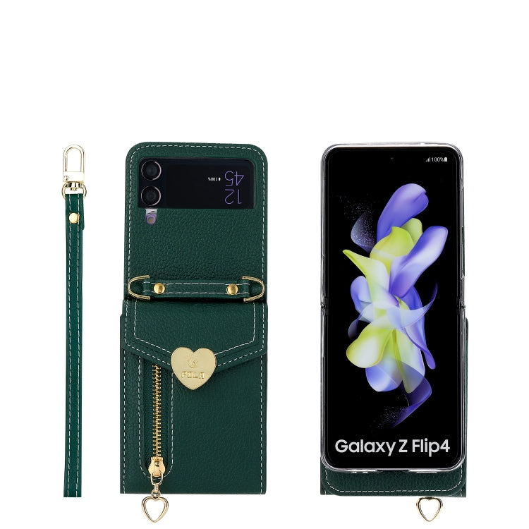 For Samsung Galaxy Z Flip3 5G POLA Litchi Texture Love Buckle Multi-Card Slots Zipper Wallet Phone Case(Green)
