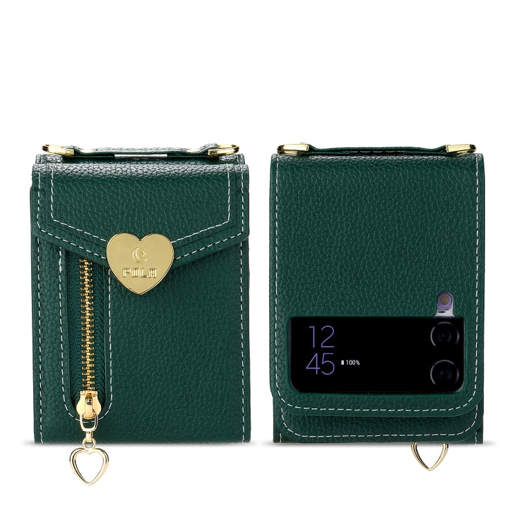 For Samsung Galaxy Z Flip3 5G POLA Litchi Texture Love Buckle Multi-Card Slots Zipper Wallet Phone Case(Green)