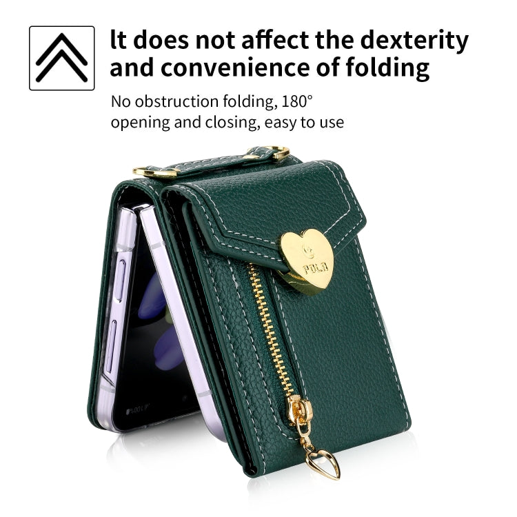 For Samsung Galaxy Z Flip3 5G POLA Litchi Texture Love Buckle Multi-Card Slots Zipper Wallet Phone Case(Green)