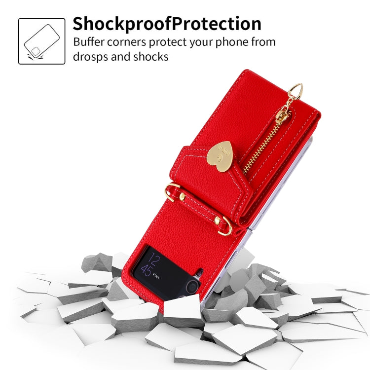 For Samsung Galaxy Z Flip3 5G POLA Litchi Texture Love Buckle Multi-Card Slots Zipper Wallet Phone Case(Red)