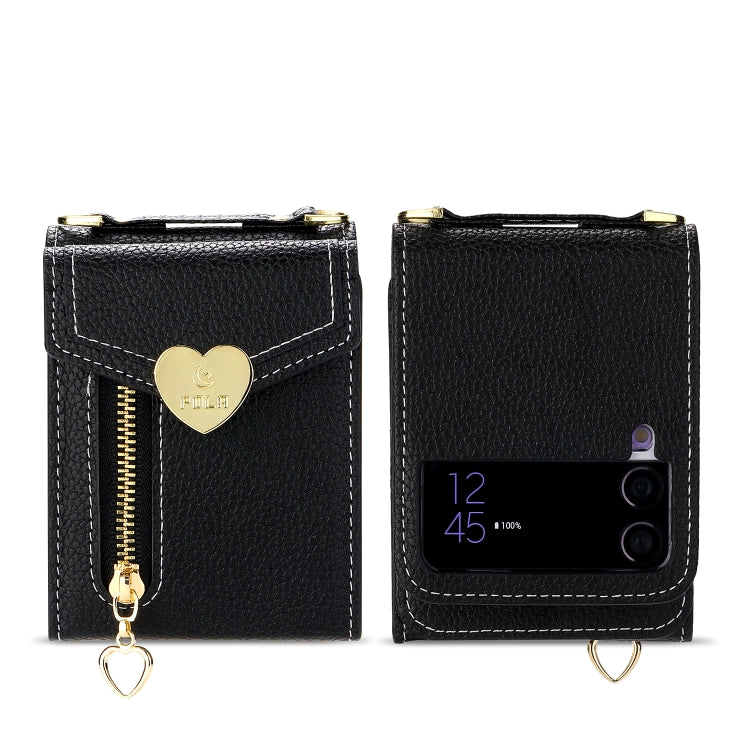For Samsung Galaxy Z Flip3 5G POLA Litchi Texture Love Buckle Multi-Card Slots Zipper Wallet Phone Case(Black)