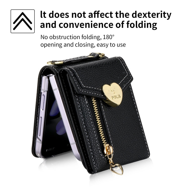 For Samsung Galaxy Z Flip3 5G POLA Litchi Texture Love Buckle Multi-Card Slots Zipper Wallet Phone Case(Black)