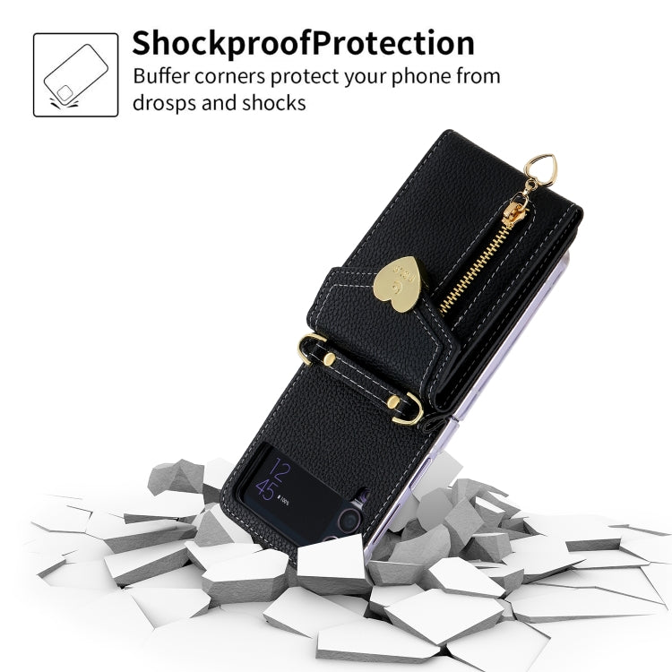 For Samsung Galaxy Z Flip3 5G POLA Litchi Texture Love Buckle Multi-Card Slots Zipper Wallet Phone Case(Black)