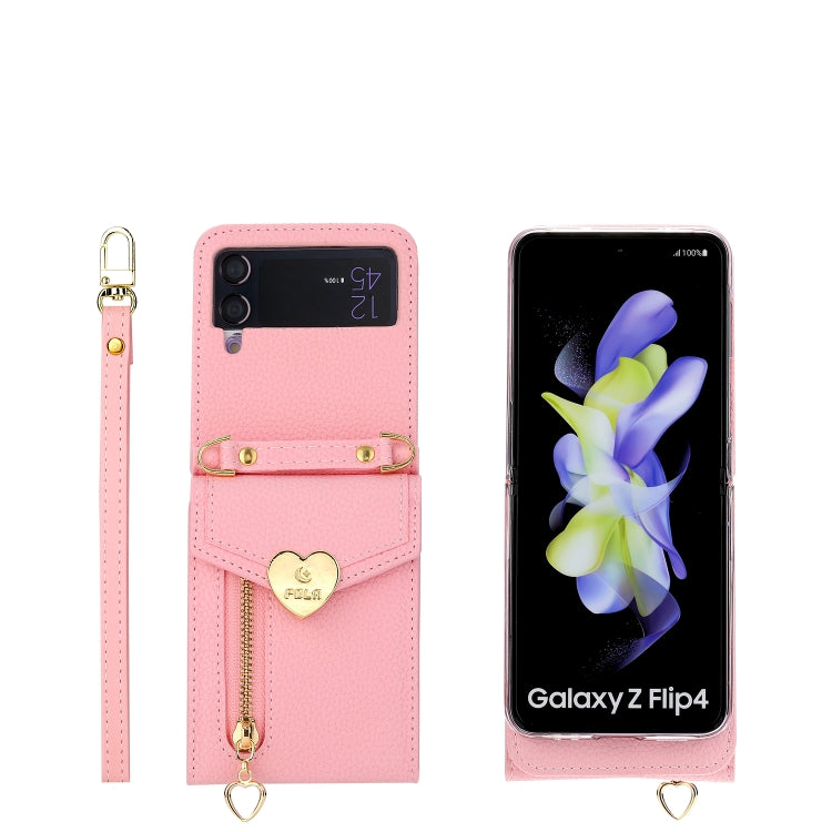 For Samsung Galaxy Z Flip3 5G POLA Litchi Texture Love Buckle Multi-Card Slots Zipper Wallet Phone Case(Pink)