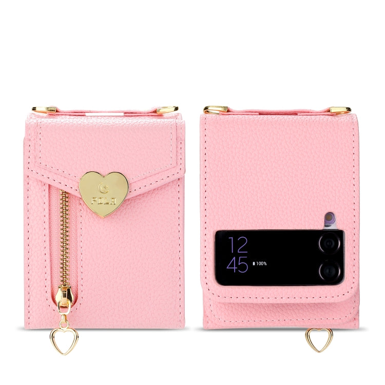 For Samsung Galaxy Z Flip3 5G POLA Litchi Texture Love Buckle Multi-Card Slots Zipper Wallet Phone Case(Pink)