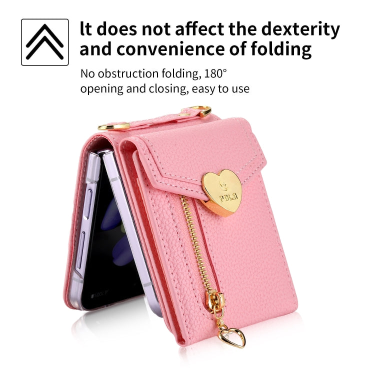 For Samsung Galaxy Z Flip3 5G POLA Litchi Texture Love Buckle Multi-Card Slots Zipper Wallet Phone Case(Pink)