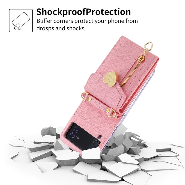 For Samsung Galaxy Z Flip3 5G POLA Litchi Texture Love Buckle Multi-Card Slots Zipper Wallet Phone Case(Pink)