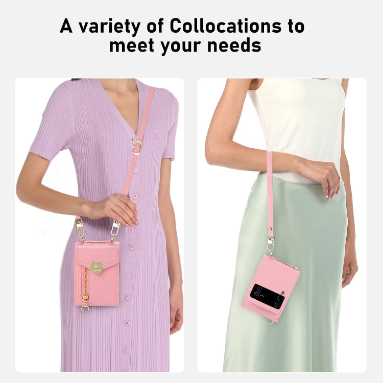 For Samsung Galaxy Z Flip3 5G POLA Litchi Texture Love Buckle Multi-Card Slots Zipper Wallet Phone Case(Pink)