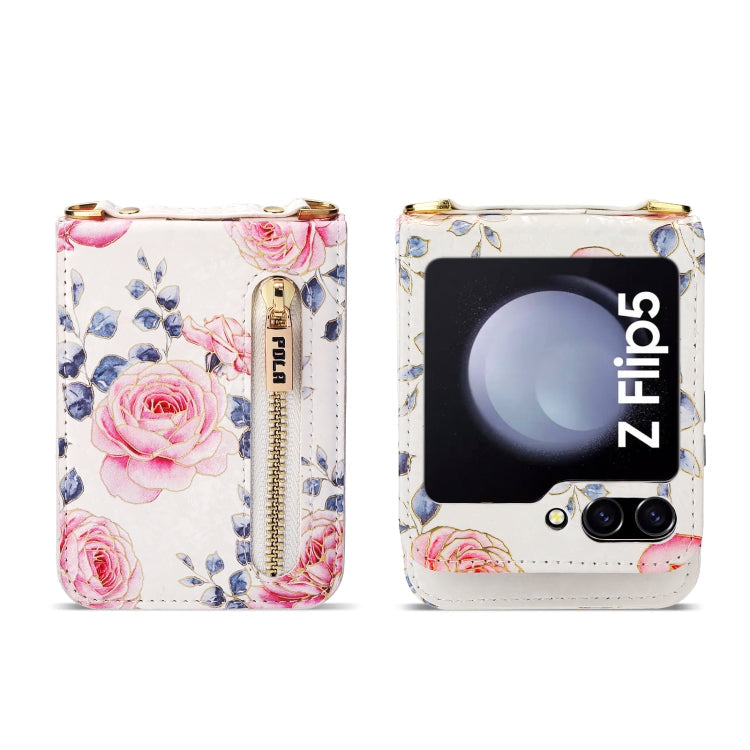 For Samsung Galaxy Z Flip5 POLA Rose Pattern Multi-Card Slots Zipper Wallet Phone Case(White)