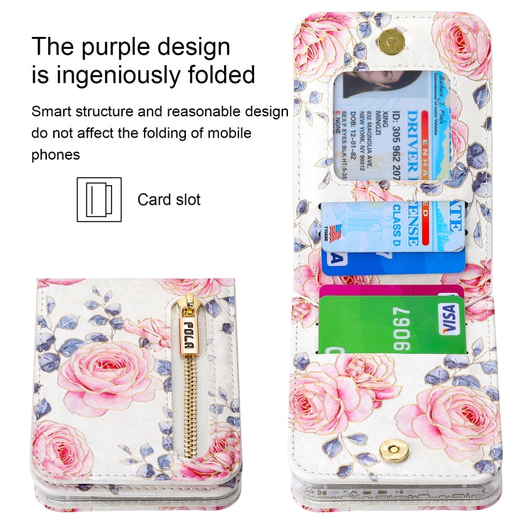 For Samsung Galaxy Z Flip5 POLA Rose Pattern Multi-Card Slots Zipper Wallet Phone Case(White)