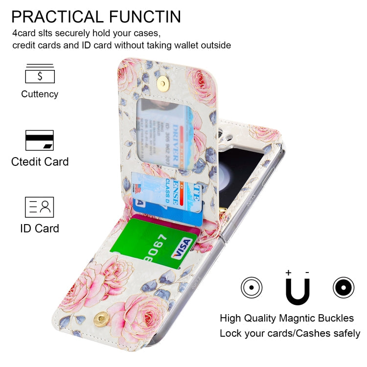 For Samsung Galaxy Z Flip5 POLA Rose Pattern Multi-Card Slots Zipper Wallet Phone Case(White)