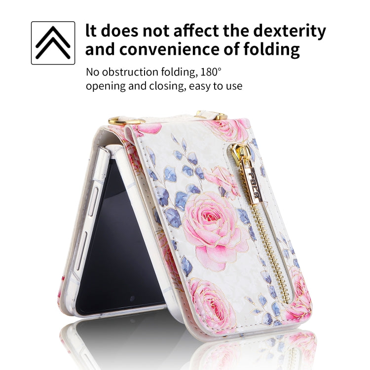 For Samsung Galaxy Z Flip5 POLA Rose Pattern Multi-Card Slots Zipper Wallet Phone Case(White)