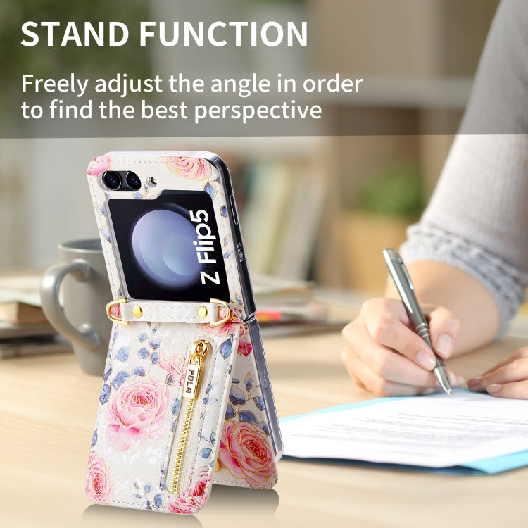 For Samsung Galaxy Z Flip5 POLA Rose Pattern Multi-Card Slots Zipper Wallet Phone Case(White)