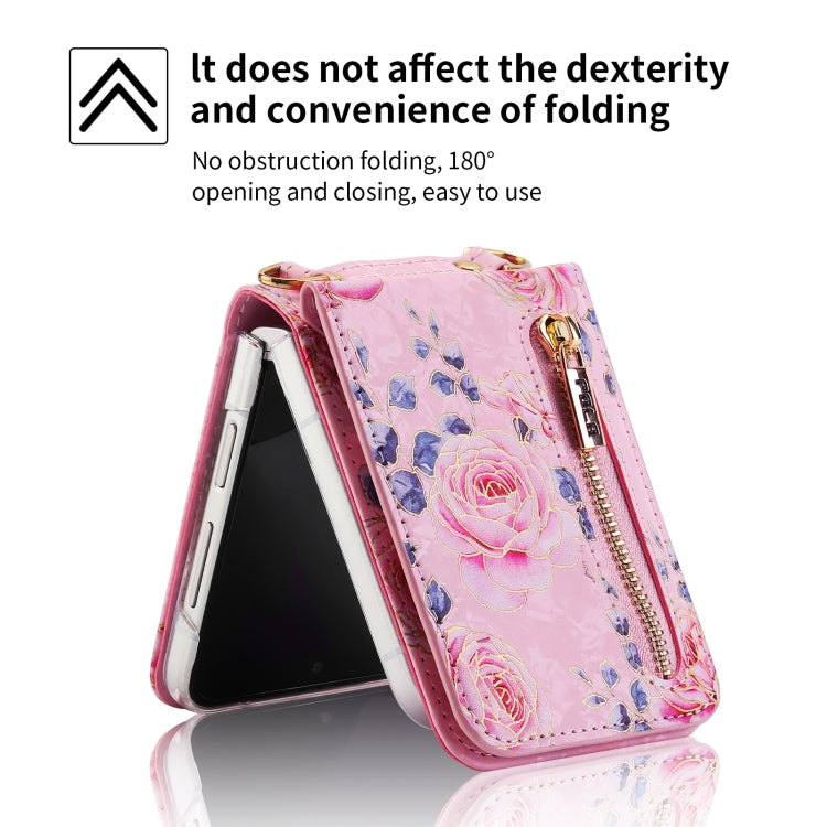 For Samsung Galaxy Z Flip5 POLA Rose Pattern Multi-Card Slots Zipper Wallet Phone Case(Pink)