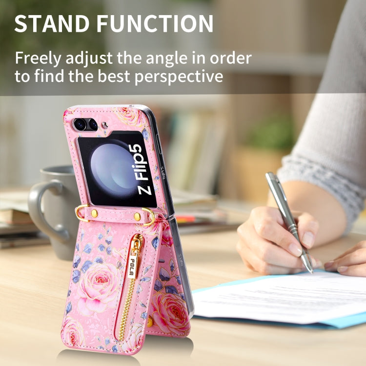 For Samsung Galaxy Z Flip5 POLA Rose Pattern Multi-Card Slots Zipper Wallet Phone Case(Pink)