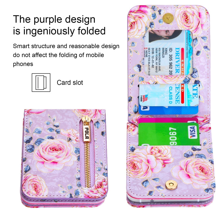 For Samsung Galaxy Z Flip5 POLA Rose Pattern Multi-Card Slots Zipper Wallet Phone Case(Purple)
