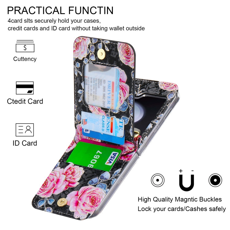 For Samsung Galaxy Z Flip5 POLA Rose Pattern Multi-Card Slots Zipper Wallet Phone Case(Black)